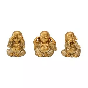 Jogo De Budas Decorativos<BR>- Dourado<BR>- 9x7x6cm