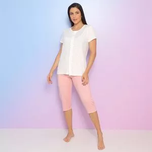 Pijama Poá<BR>- Off White & Rosa Claro