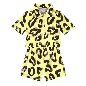 Conjunto De Camisa Cropped & Short Animal Print<BR>- Amarelo Claro & Preto