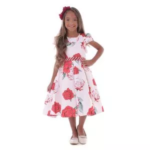 Vestido Floral Com Recortes<BR>- Off White & Vermelho