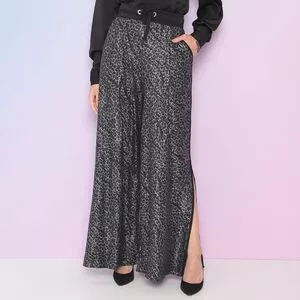 Calça Pantalona Animal Print Com Fendas<BR>- Preta & Cinza Escuro