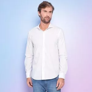 Camisa Slim Fit Quadriculada<BR>- Branca & Azul Claro