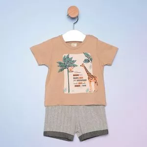 Conjunto De Camiseta & Bermuda<BR>- Marrom Claro & Cinza