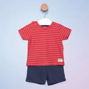Conjunto De Camiseta Listrada & Bermuda<BR>- Vermelho & Azul Marinho