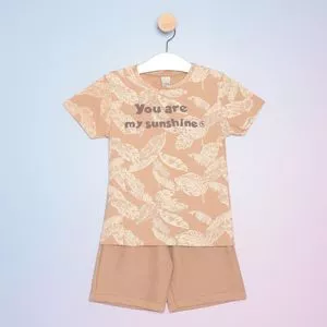 Conjunto De Camiseta Folhagens & Bermuda Texturizada<BR>- Marrom Claro & Bege Claro