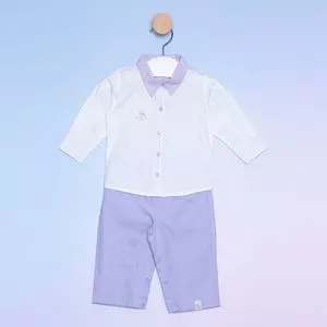 Conjunto De Camisa Com Bordado & Calça Reta<BR>- Branco & Lilás<BR>- Bicho-Molhado