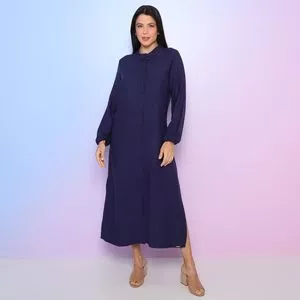 Vestido Mídi Com Linho<BR>- Azul Marinho<BR>- Mirasul