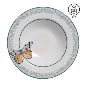 Jogo De Pratos Fundos Borboleta<BR>- Branco & Azul<BR>- 6Pçs<BR>- 245ml<BR>- Alleanza Ceramica
