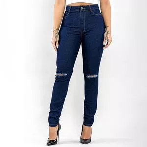 Calça Jeans Skinny Com Puídos<BR>- Azul Escuro<BR>- 206Oz