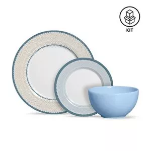 Aparelho De Jantar Renda<BR>- Branco & Azul<BR>- 12Pçs<BR>- Alleanza Cerâmica