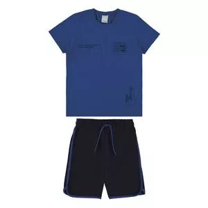 Conjunto De Camiseta Com Inscrições & Bermuda<BR>- Azul Marinho & Preto<BR>- Malwee