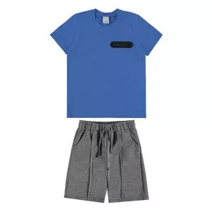 Conjunto De Camiseta Com Recortes & Bermuda<BR>- Azul & Cinza Escuro<BR>- Malwee