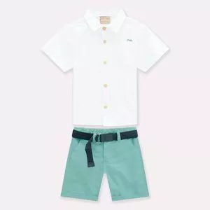 Conjunto Infantil De Camisa & Bermuda Com Cinto<BR>- Branco & Verde Água<BR>- Milon