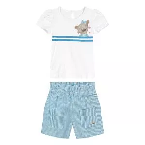 Conjunto De Camisa & Short Ursinho<BR>- Branco & Azul<BR>- Carinhoso