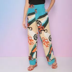 Calça Pantalona Em Seda<BR>- Azul & Laranja<BR>- Lenny Niemeyer