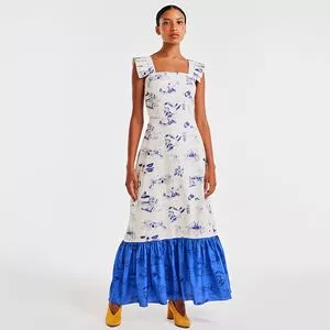 Vestido Longo Folhagens<BR>- Off White & Azul<BR>- Emi Rio
