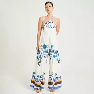 Macacão Frente Única Floral<BR>- Off White & Azul<BR>- Emi Rio