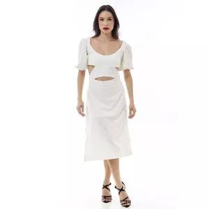 Vestido Midi Com Vazados<BR>- Off White<BR>- Aline Vervan