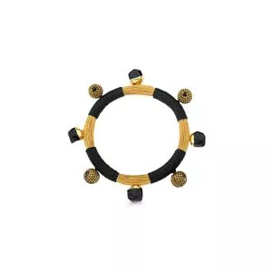 Pulseira Em Capim Dourado Com Obsidiana<BR>- Bege & Preta<BR>- Ø6,2cm