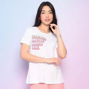 Camiseta Com Inscrições<BR>- Branca & Rosa<BR>- Enfim