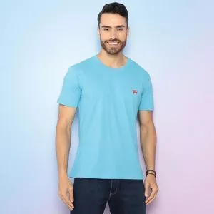 Camiseta Com Tag<BR>- Azul Claro & Vermelha