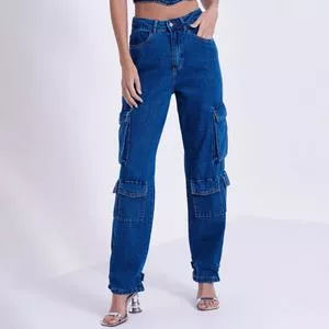 Calça Jeans Cargo Com Recortes<BR>- Azul