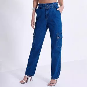 Calça Jeans Mom Com Recortes<BR>- Azul