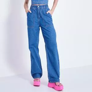 Calça Jeans Wide Leg Com Bolsos<BR>- Azul Escuro
