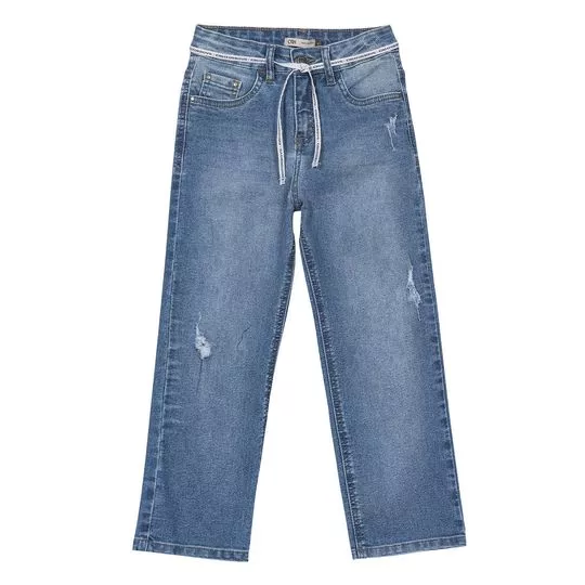 Calça Jeans Reta Com Puídos- Azul