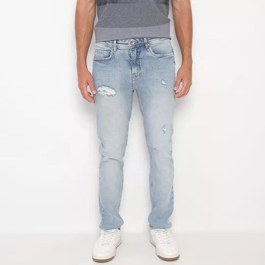 Calça Jeans Reta Com Puídos- Azul Claro
