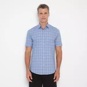Camisa Slim Fit Micro Xadrez<BR>- Azul Claro & Branca