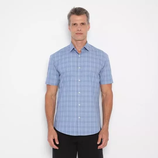 Camisa Slim Fit Micro Xadrez- Azul Claro & Branca