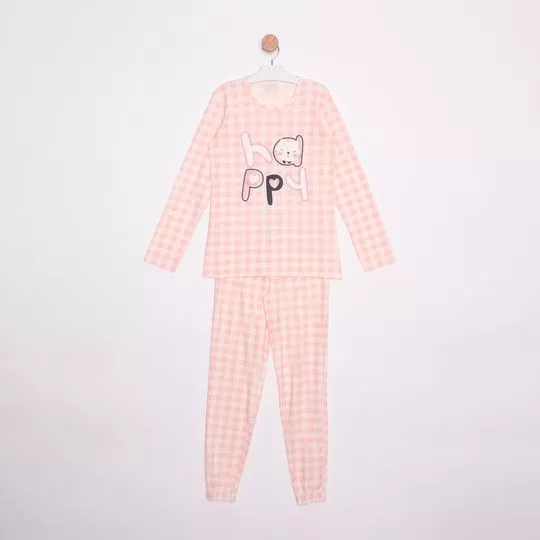 Pijama Xadrez- Off White & Rosa Claro- Danka Pijamas