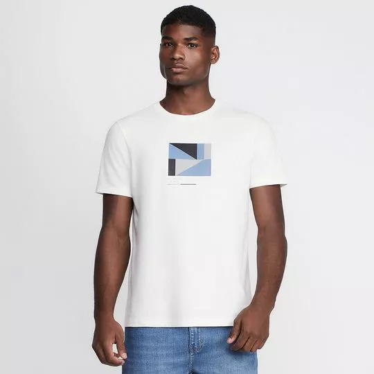 Camiseta Abstrata Com Recortes- Off White & Azul