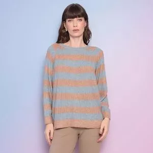 Suéter Em Tricô<BR>- Bege & Azul