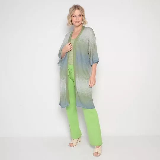 Kimono Em Tricô- Verde Oliva & Azul