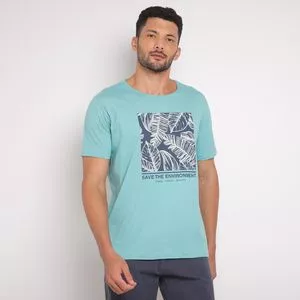 Camiseta Folhagens<BR>- Azul Turquesa & Azul Escuro