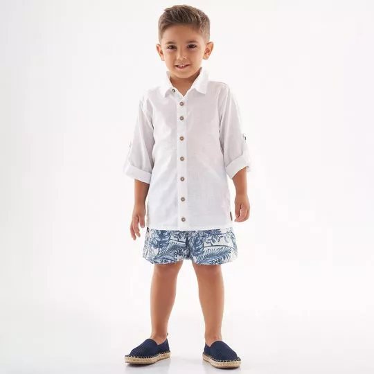 Conjunto De Camisa & Bermuda Folhagens- Branco & Azul- Up Baby