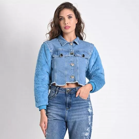 Jaqueta Jeans Cropped Com Pelúcia- Azul Claro