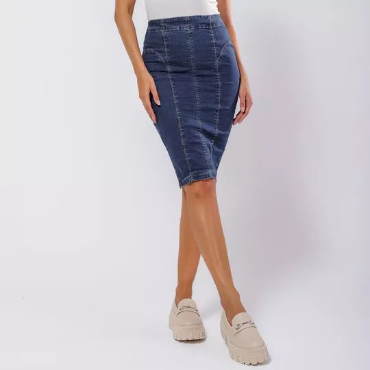 Saia Jeans Midi Com Fenda Posterior- Azul Marinho- Consciência Jeans