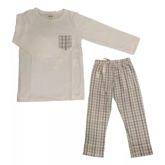 Pijama Quadriculado- Off White & Marrom Claro