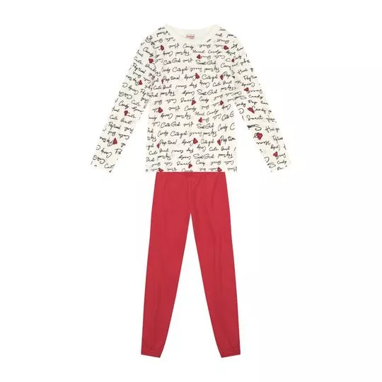 Pijama Com Inscrições- Off White & Vermelho Escuro