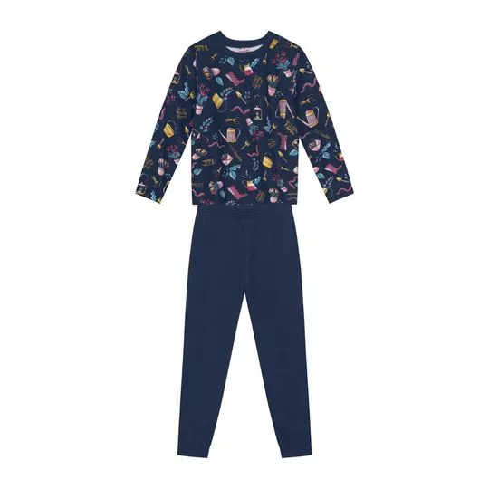 Pijama Jardinagem- Azul Marinho & Rosê