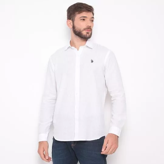Camisa Regular Fit Com Bordado- Off White & Preta