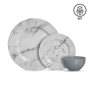 Aparelho De Jantar Mármore<BR>- Cinza Claro & Cinza<BR>- 12Pçs<BR>- Alleanza Ceramica