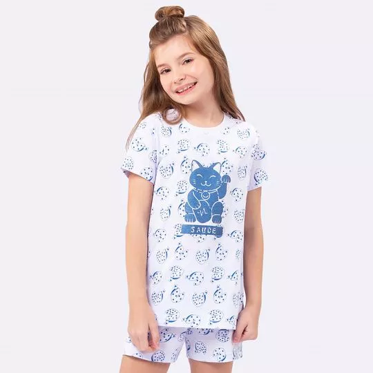 Pijama Biscoito Da Sorte- Branco & Azul Escuro- Veggi