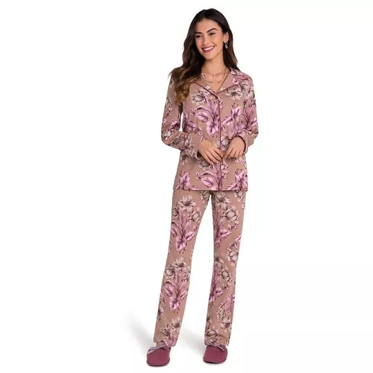 Pijama Floral- Marrom Claro & Rosa Escuro- Veggi