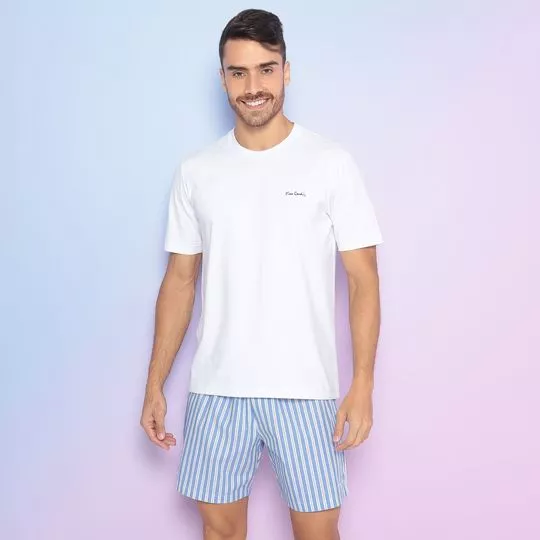Pijama Camiseta Shorts Listrado- Branco & Azul