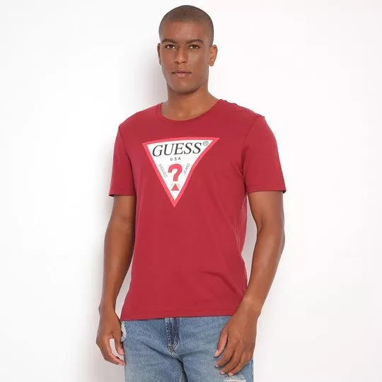 Camiseta Guess®- Vermelho Escuro & Branca