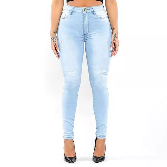 Calça Jeans Skinny Com Recortes- Azul Claro- Lambada